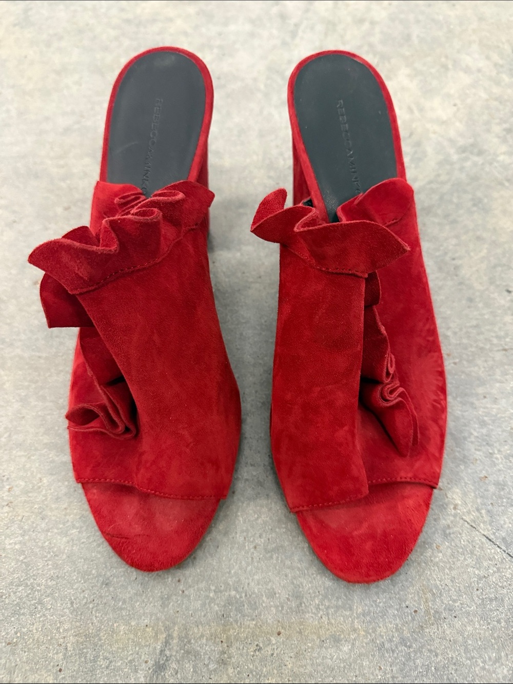 Rebecca Minkoff Red Suede Ruffle Slide Mules